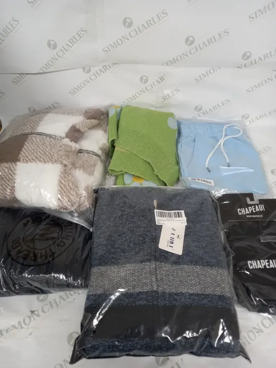 LARGE BOX OF ASSORTED CLOTHING ITEMS IN VARIOUS COLOURS AND SIZES INCLUDING TROUSERS , TOPS AND JUMPERS 