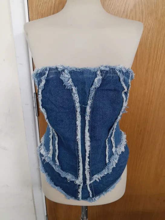 PLETTYLITTLETHING BLUE DENIM DISTRESSED SEAM STRAPLESS CORSET TOP SIZE 14