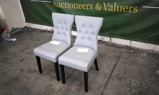 PAIR OF BEWLEY SLATE GREY LEATHER BUTTON BACK DINING CHAIRS WITH BLACK LEGS