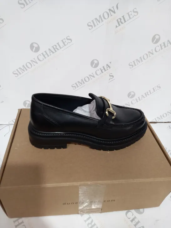 BOXED PAIR OF OUTLET DUNE GALLAGHER CHUNKY SNAFFLE TRIM LOAFERS IN BLACK UK SIZE 5