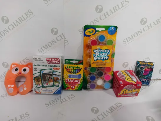 BOX OF APPROX 20 ASSORTED ITEMS TO INCLUDE - TIPTOI QUIZZEN CARDS - CRAYOLA CRAYONS - SLINKY ECT 