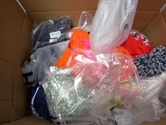 BOX OF APPROXIMATELY 25 ASSORTED CLOTHING ITEMS TO INCLUDE - SHORTS , BRA , T-SHIRT ETC