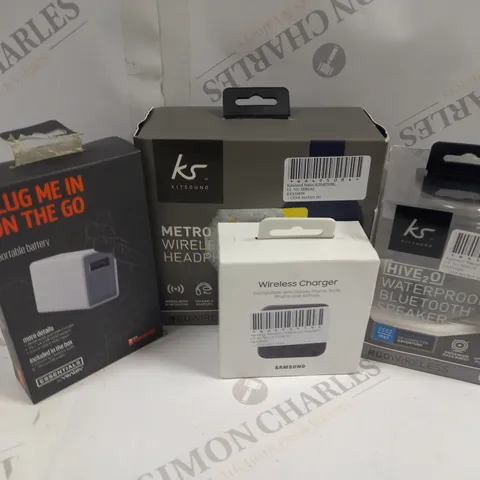 APPROXIMATELY 15 ASSORTED ELECTRICAL ITEMS TO INCLUDE SAMSUNG WIRELESS CHARGER, KITSOUND HIVE H20, PORTABLE CHARGER, ETC