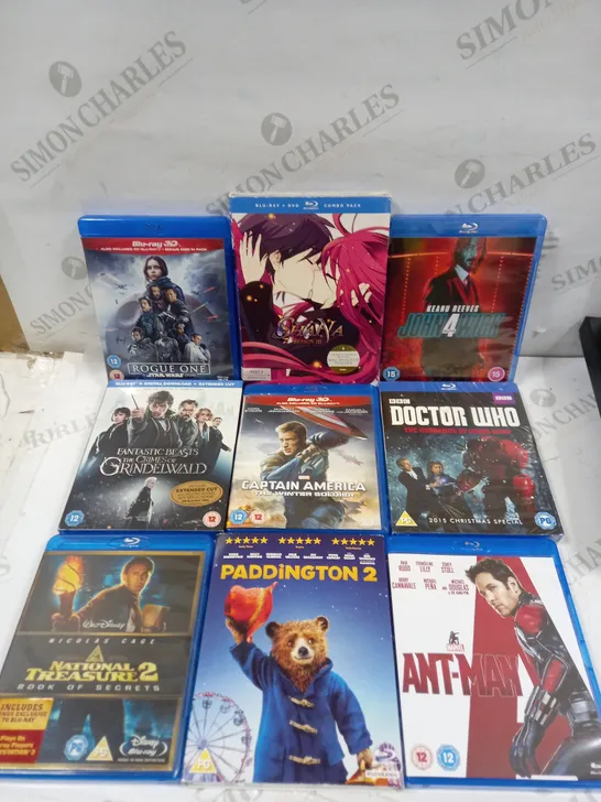 BOX OF APPROXIMATELY 20 ASSORTED BLU RAY DVDS TO INCLUDE JOHN WICK 4, CAPTAIN AMAERICA & ANT-MAN ETC