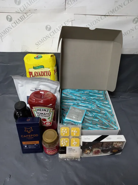 APPROXIMATELY 10 ASSORTED FOOD & DRINK ITEMS TO INCLUDE - HOPE & GLORY ENGLISH BREAKFAST TEA - HOTEL CHOCOLAT LEMON CHEESECAKE - BEANIES JAM DOUGHNUT INSTANT COFFEE - ETC