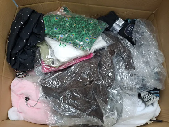 BOX OF ASSORTED CLOTHING ITEMS TOO INCLUDE JUMPERS, SHIRTS AND TROUSERS IN VARIOUS SIZES AND COLOURS   