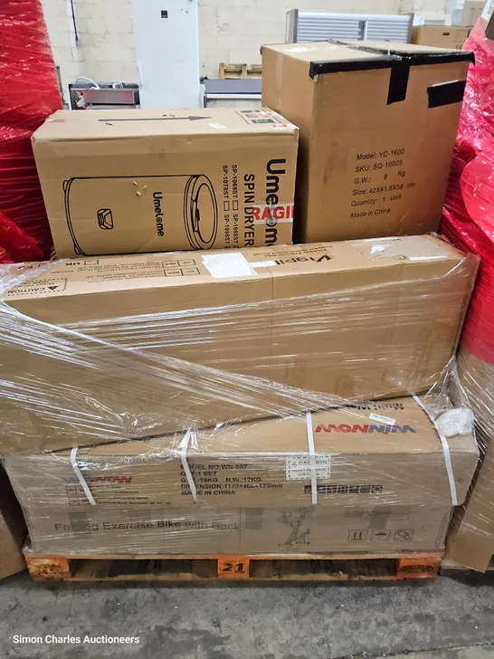 PALLET OF ASSORTED ITEMS TO INCLUDE, 3 × FOLDING EXCERCISE BIKES, SPIN DRYER, HAIR DRYER.