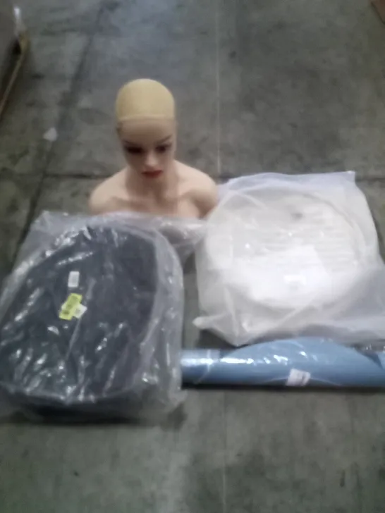 PALLET OF ASSORTED ITEMS INCLUDING MANNEQUIN  HEADS , BACKPACKS , TOTE BAGS ,ETC