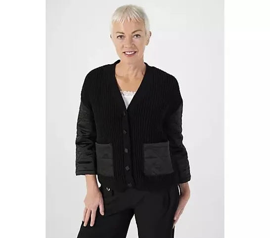 WYNNE COLLECTION COZY PLUSH & QUILTED SATIN QUILTED CARDIGAN JACKET- BLACK MEDIUM