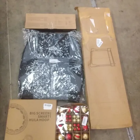 PALLET OF ASSORTED ITEMS INCLUDING CLOTHES RACK, BIG SCREEN SMART HULA HOOP, AUTO YOUTH CAR SEAT PROTECTOR, KEYBOARD, CHRISTMAS BAUBLE SET, SPRINKLER BALL