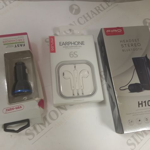 LOT OF APPROXIMATELY 10 ASSORTED HOUSEHOLD ITEMS TO INCLUDE FIRO H109 BLUETOOTH STEREO HEADSET, MIZOO 6S EARPHONES, VEN-DENS FAST DUAL PORT CAR CHARGER, ETC