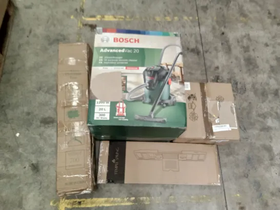 PALLET OF ASSORTED ITEMS INCLUDING BOSCH VACUUM CLEANER, TEMPLE SPRING BATH CADDY, WHITE CHRISTMAS TREE, LARGE GLASS CHANDELIER LIGHT, IRONING BOARD, CUSIMAX AIR FRYER OVEN 