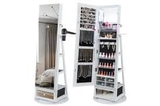 BOXED COSTWAY 360° SWIVEL JEWELRY CABINET LOCKABLE ARMOIRE FULL-LENGTH MIRROR STORAGE SHELVES - WHITE