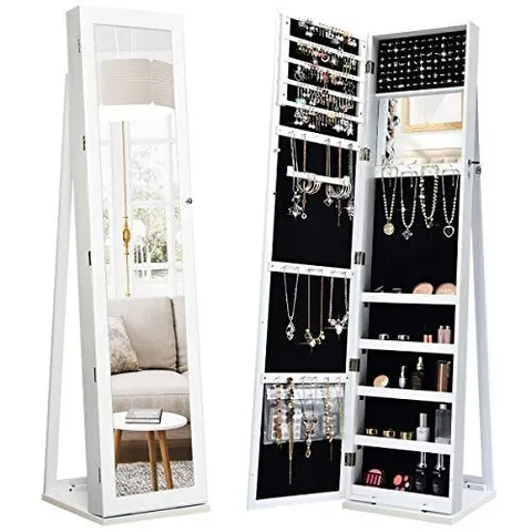 BOXED COSTWAY 360° ROTATABLE JEWELRY CABINET ARMOIRE 2-IN-1 LOCKABLE MIRRORED - WHITE