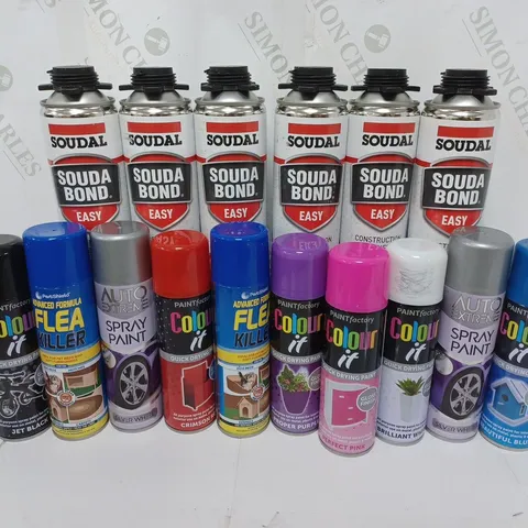 APPROXIMATELY 16  ASSORTED AEROSOLS TO INCLUDE SOUDAL SOUDA BOND EASY (750ml), PETSHIELD ADVANCED FLEA KILLER (200ml), PAINTFACTORY COLOUR IT JET BLACK (250ml), ETC - COLLECTION ONLY