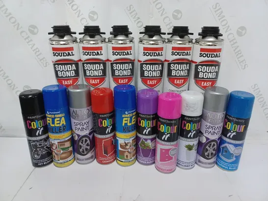 APPROXIMATELY 16  ASSORTED AEROSOLS TO INCLUDE SOUDAL SOUDA BOND EASY (750ml), PETSHIELD ADVANCED FLEA KILLER (200ml), PAINTFACTORY COLOUR IT JET BLACK (250ml), ETC - COLLECTION ONLY