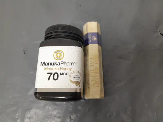 LOT OF 2 HONEY BASED FOOD ITEMS INCLUDES MANUKA PHARM 70 MGO 500G AND REGINA ROYAL JELLY 30 CAPSULES