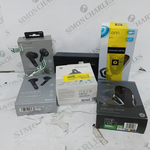 APPROXIMATELY 20 ASSORTED ELECTRICALS TO INCLUDE GOOGLE CHROMECAST, MIXX STREAMBUDS AX, WIRELESS MOUSE, ETC