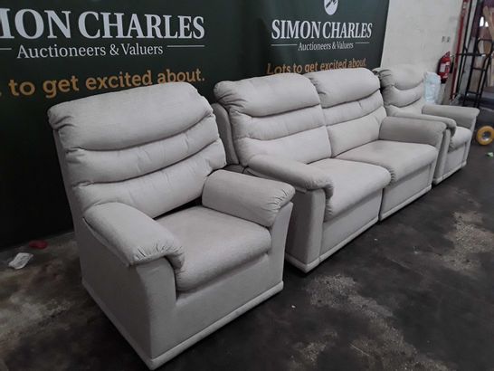 QUALITY G-PLAN MALVERN BAMBOO SAND FABRIC THREE PIECE SUITE TO CONSIST OF A POWER RECLINING THREE SEATER SOFA, POWER RECLINING ARMCHAIR AND FIXED FRAME ARMCHAIR