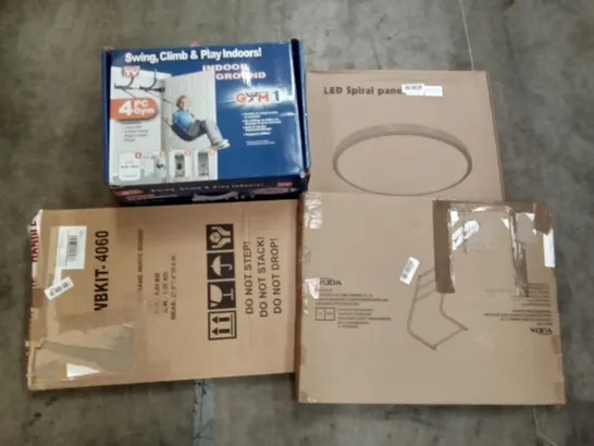 PALLET OF ASSORTED ITEMS INCLUDING LED SPIRAL PANEL, YUDA TOWEL RACK, ALUMINIUM FRAME WHITE BOARD, INDOOR PLAYGROUND, SOUP N GRILL, FOOT SPA MASSAGER 