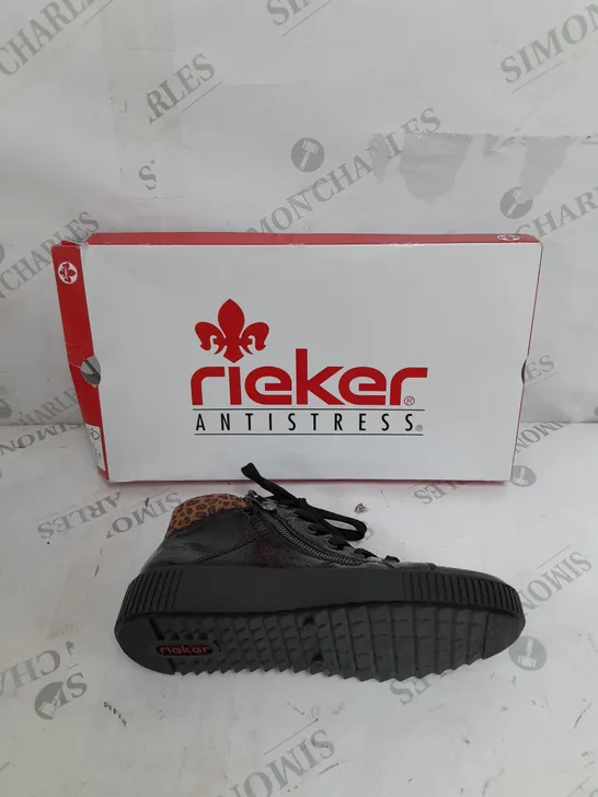 BOXED PAIR OF RIEKER HIGH TOP LEOPARD CUFF TRAINERS BLACK SIZE 5