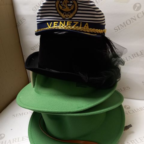 LOT OF 6 X ASSORTED HATS TO INCLUDE SMIFFYS DELUXE LADIES VICTORIAN TOP HAT, VENEZIA CAPTAIN SAILOR HAT, ETC.