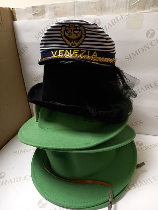 LOT OF 6 X ASSORTED HATS TO INCLUDE SMIFFYS DELUXE LADIES VICTORIAN TOP HAT, VENEZIA CAPTAIN SAILOR HAT, ETC.