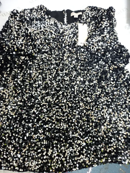 LOVE ROSES SEQUIN PUFF SILVER DRESS -UK 16