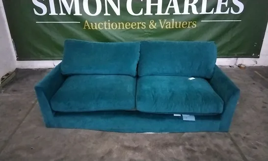 QUALITY BRITISH DESIGNER TEAL PLUSH FABRIC 3 SEATER SOFA