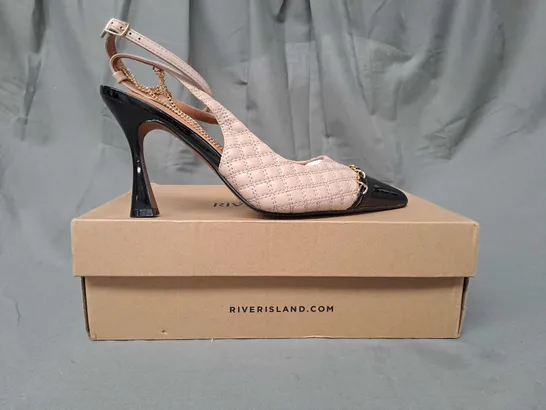 BOXED PAIR OF RIVER ISLAND POINTED TOE HEELED SHOES IN BEIGE/BLACK UK SIZE 7