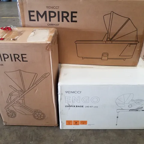 BOXED VENICCI EMPIRE PUSHCHAIR, CARRYCOT & ENGO ISOFIX BASE (3 BOXES)