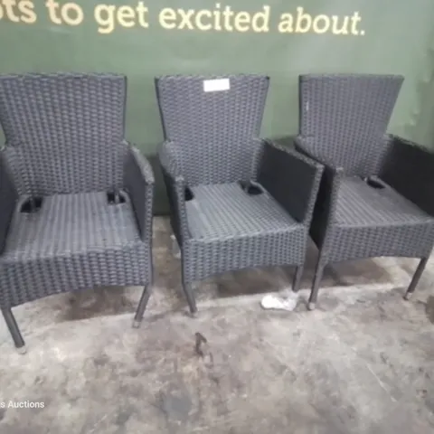 SET OF THREE DESIGNER BLACK RATTAN PATIO ARMCHAIRS 