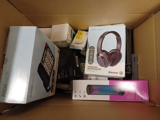 BOX OF APPROXIMATELY 30 ASSORTED ELECTRICALS TO INCLUDE POLAROID BLUETOOTH SPEAKER WITH LEDS, WIRELESS HEADPHONES, BIG BUTTON LANDLINE PHONE, ETC