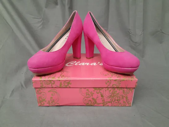 BOXED PAIR OF CLARA'S CLOSED TOE HIGH HEEL SHOES IN FUCHSIA 35