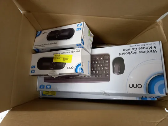 LOT OF APPROXIMATELY 8 ASSORTED PIECES OF 'ONN' ELECTRICALS AND PERIPHERALS TO INCLUDE 2 PORTABLE BLUETOOTH SPEAKERS, DAB+/FM RADIO, 3FT AUXILLARY CABLE, ETC