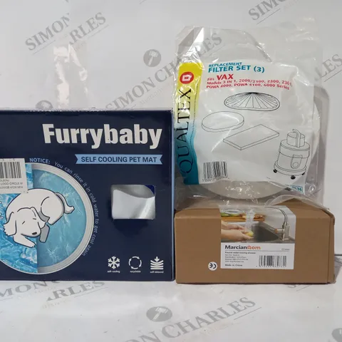 BOX OF APPROXIMATELY 20 ASSORTED HOUSEHOLD ITEMS TO INCLUDE FURRY BABY SELF COOLING PET MAT, FAUCET WATER-SAVING SHOWER, QUALTEX REPLACEMENT FILTER SET, ETC