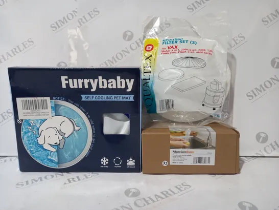 BOX OF APPROXIMATELY 20 ASSORTED HOUSEHOLD ITEMS TO INCLUDE FURRY BABY SELF COOLING PET MAT, FAUCET WATER-SAVING SHOWER, QUALTEX REPLACEMENT FILTER SET, ETC