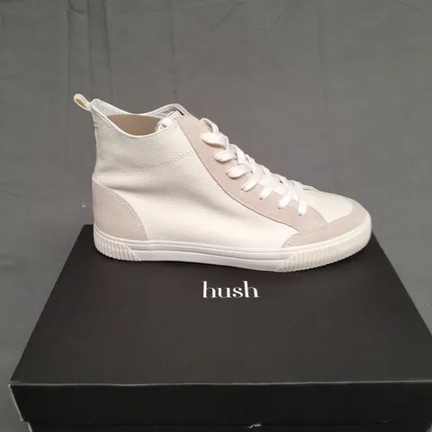 BOXED PAIR OF HUSH AUDEN HI TOP TRAINERS WHITE SIZE 40 