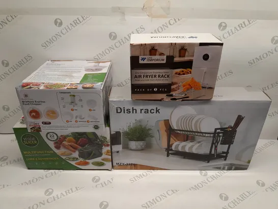 FOUR ASSORTED BRAND NEW BOXED KITCHEN PRODUCTS TO INCLUDE; DISH RACK, ONE EMPORIUM AIR FRYER RACK, VEGGIE SLICER AND BRIEFTONS EXPRESS FOOD CHOPPER