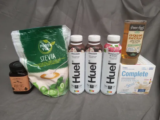 APPROXIMATEY 12 ASSORTED FOOD AND DRINK ITEMS TO INCLUDE HUEL, AGAVE NECTAR, HONEY, AYMES AND PURE VIA - COLLECTION ONLY