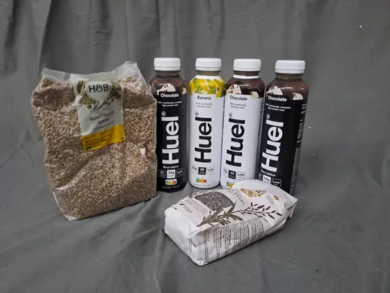 APPROXIMATELY 6 ASSORTED FOOD AND BEVERAGE PRODUCTS TO INCLUDE HUEL NUTRITION DRINK, SUNFLOWER SEEDS, ORGANIC BLACK PEARL RICE