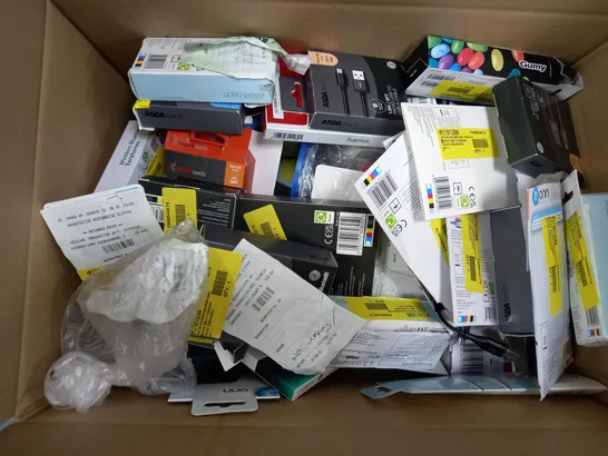 BOX OF APPROXIMATELY 30 ASSORTED ELECTRICALS TO INCLUDE ONE FOR ALL REMOTE, TRUE WIRELESS EARBUDS, BLACKWEB CABLES, ETC