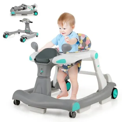 BOXED COSTWAY 2-IN-1 BABY WALKER, FOLDABLE PUSH ALONG WALKERS WITH ADJUSTABLE HEIGHT & SPEED, MUSIC - WHITE/GREY/ MULTI-COLOUR