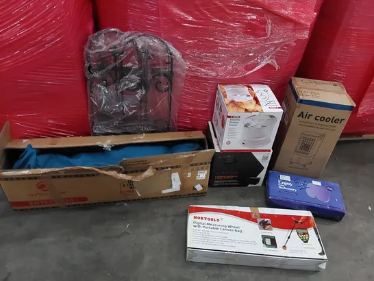 PALLET OF ASSORTED CONSUMER GOODS AND FURNITURE PRODUCTS TO INCLUDE; ALPHA CAMP MOON CAMPING CHAIR, ELECTRIC POTATO PEELER, TECH BREAK SAFE, DIGITAL MEASURING WHEEL, AIR COOLER, COMFORT CUSHION ECT.