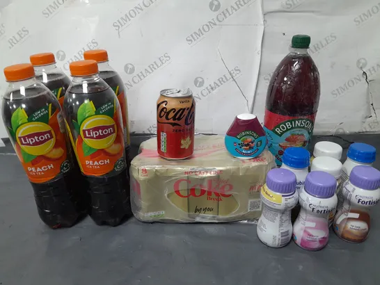 LOT OF 15 ASSORTED DRINKS TO INCLUDE LIPTONS ICE TEA, ROBINSONS JUICE AND NUTRITIONAL SUPPLEMENTS