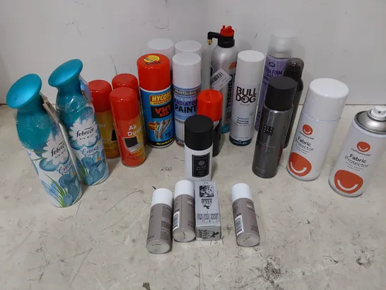 TWO TOTES OF ASSORTED AEROSOLS INCLUDING, DRY SHAMPOO, LYNX, DOVE, NIVEA BODY SPRAYS, SUEDE CLEANER, TYRE WELD, RADIATOR PAINT, HIGH TEMP PAINT, FABREEZE, AIR DUSTERS.