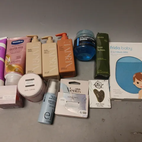 BOX OF APPROXIMATELY 20 COSMETIC ITEMS TO INCLUDE - GUA SHA, HAIR LOTION, AND ARKIVE SHAMPOO ETC. 