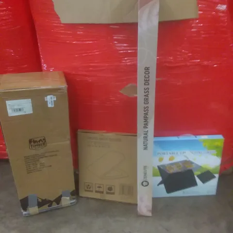 PALLET OF ASSORTED ITEMS INCLUDING CAMPING WAGON, TOILET SEAT, PAMPASS GRASS DECOR, PORTABLE CHARCOAL GRILL