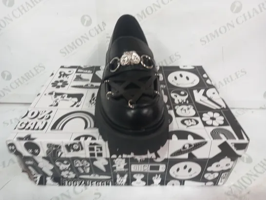 BOXED PAIR OF KOI PLATFORM SLIP-ON SHOES IN BLACK W. PENTAGRAM & SILVER EFFECT OWL DESIGN SIZE 4