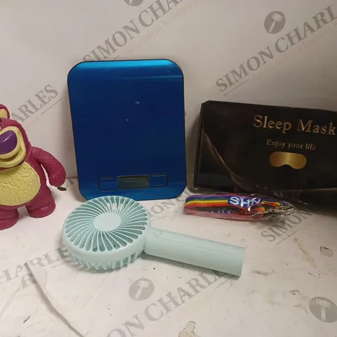 BOX OF APPROXIMATELY 15 ASSORTED ITEMS TO INCLUDE SLEEP MASK, SCALES, TOY STORY TOY ETC